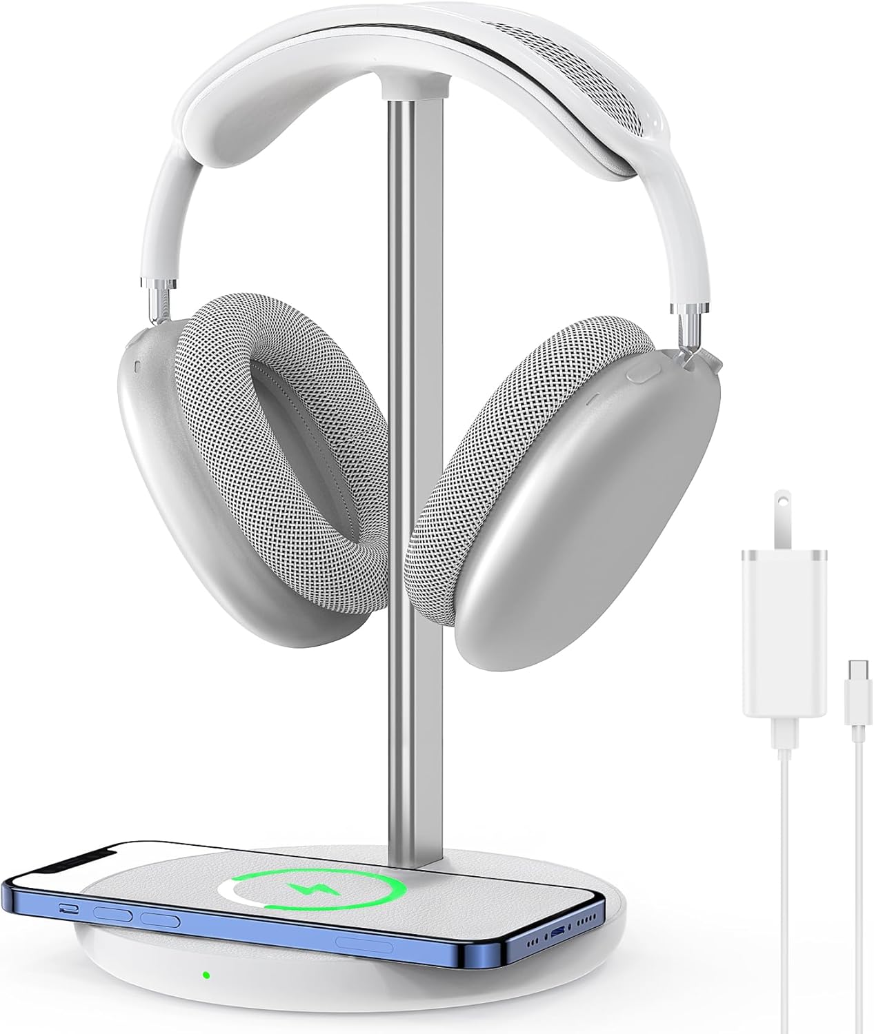 Headphone stand with built-in wireless charger, white