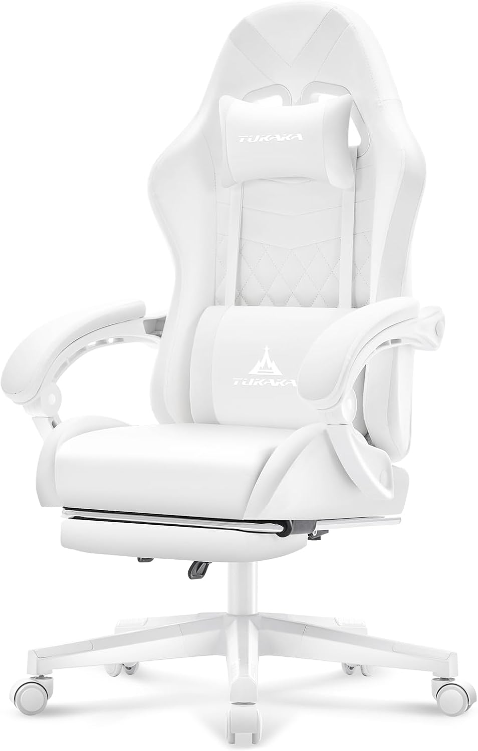 White reclining gaming chair with footrest and lumbar support