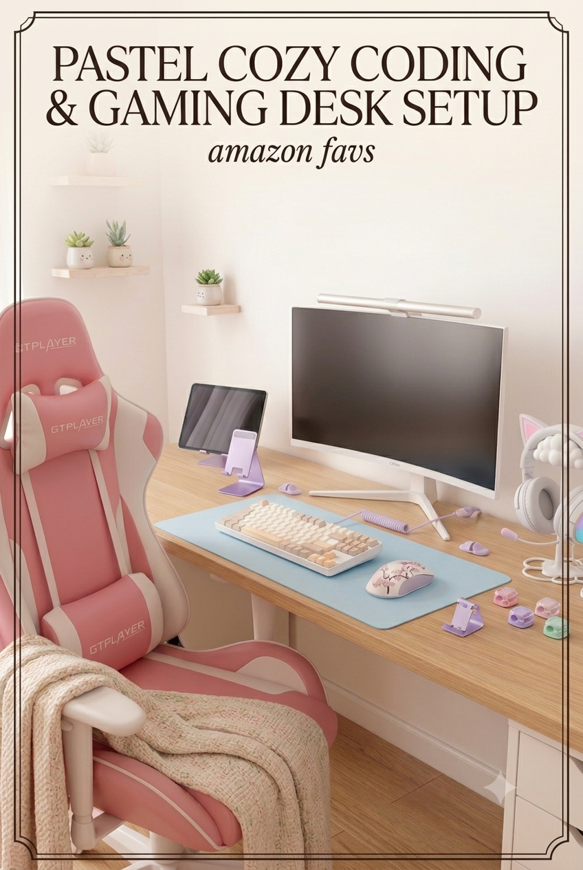 Pastel cozy coding and gaming desk setup