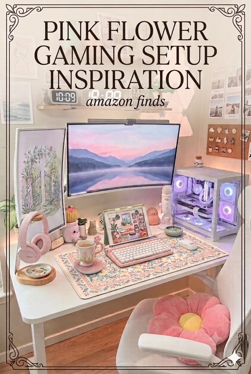 Pink flower gaming setup inspiration — floral desk mat, typewriter keyboard and cozy pink accessories