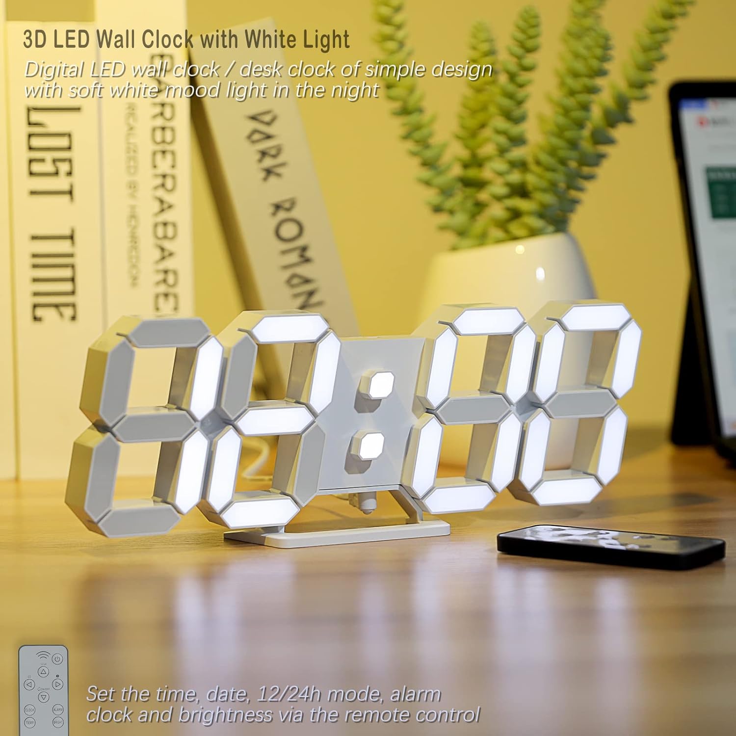 3D LED digital wall clock with white soft light and remote control