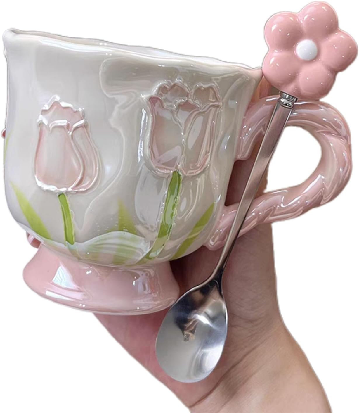 Ceramic tulip coffee mug in pink — cute flower shaped mug