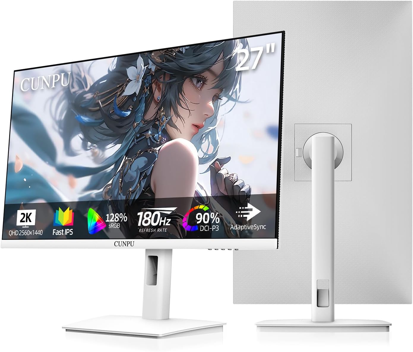 CUNPU 27 inch white gaming monitor — 2K QHD 180Hz Fast IPS display
